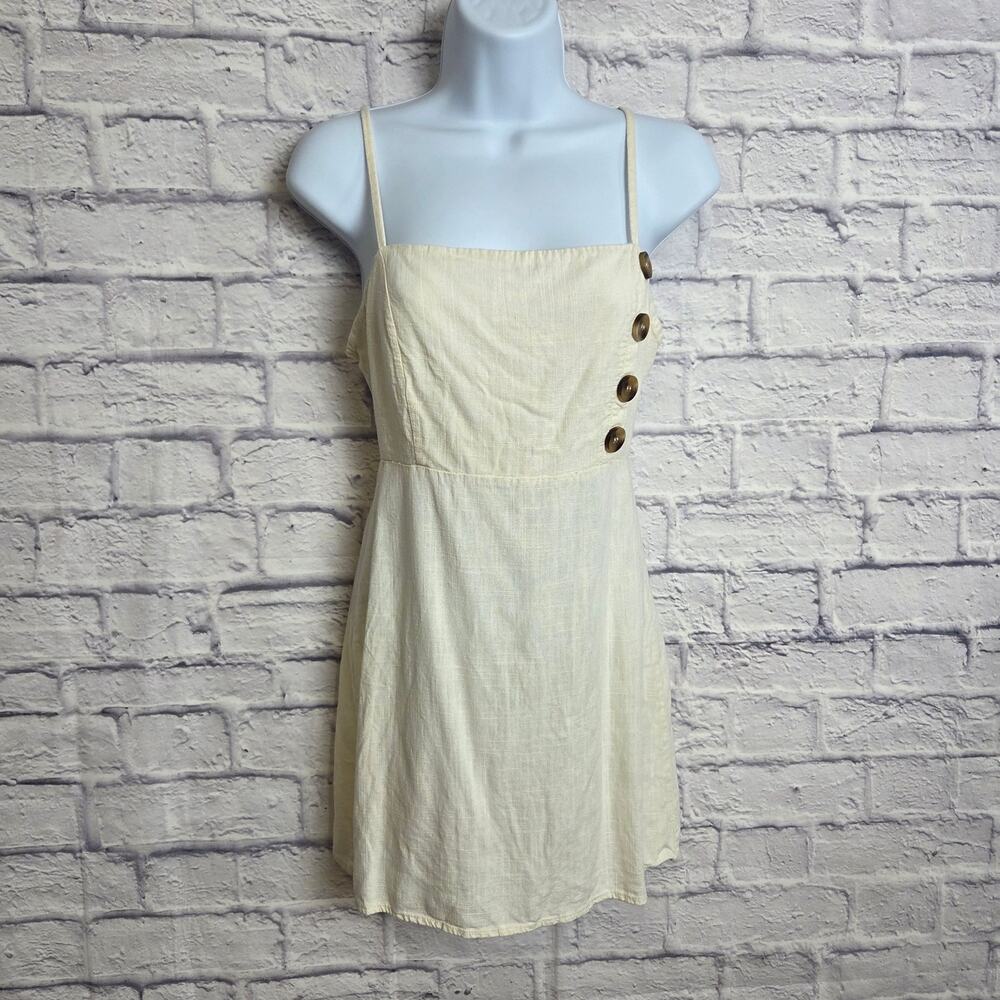Kendall & Kylie Small Linen Blend Side Button Mini Dress Adj. Straps Cream-color